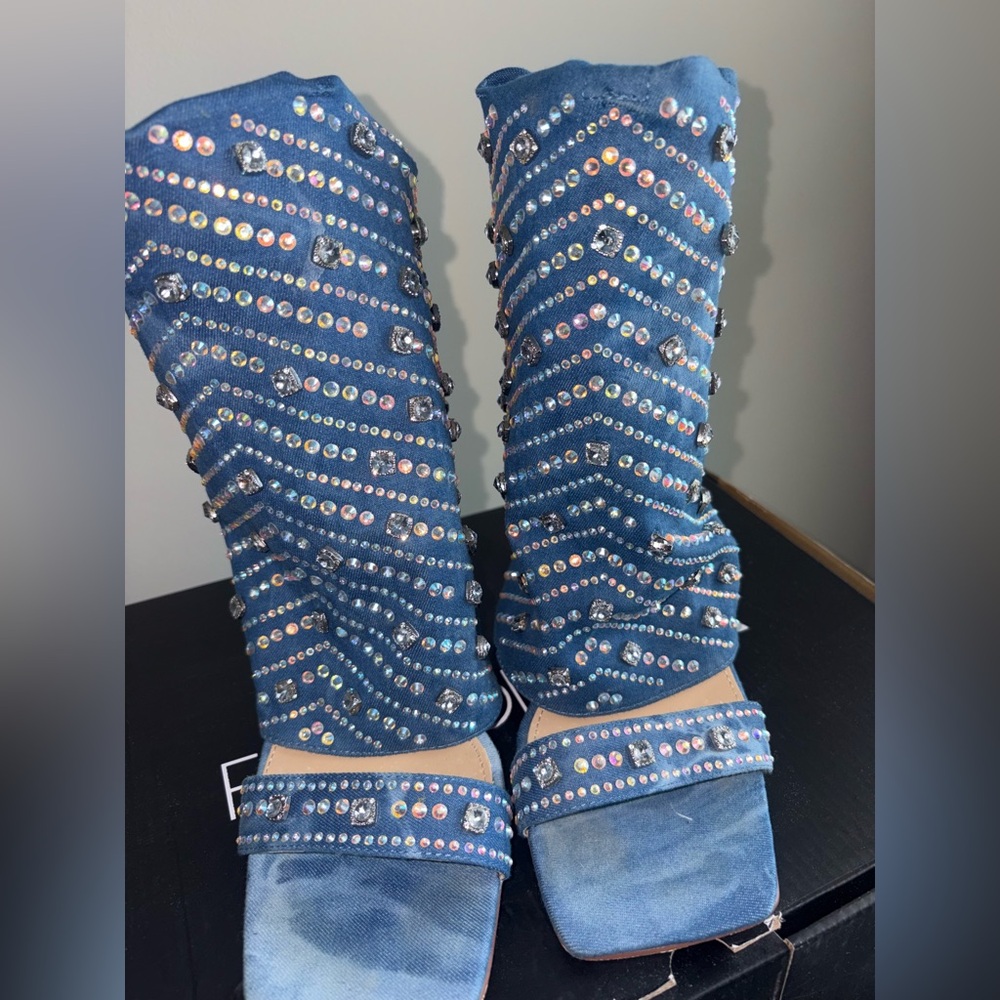 AKIRA Denim Rhinestone Embellished Heels
